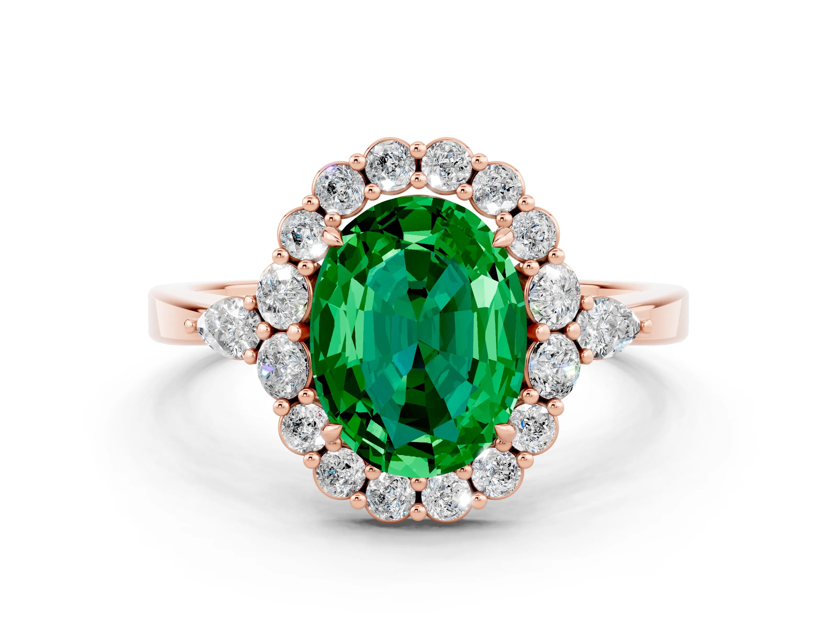 Rose gold Oval Cut Emerald Halo Ring with Pear Side Stones and Prong Setting_12