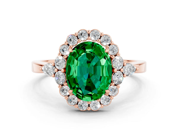 Rose gold Oval Cut Emerald Halo Ring with Pear Side Stones and Prong Setting