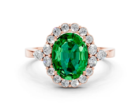 Rose gold Oval Cut Emerald Halo Ring with Pear Side Stones and Prong Setting_12