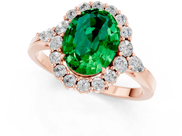 Rose gold Oval Cut Emerald Halo Ring with Pear Side Stones and Prong Setting