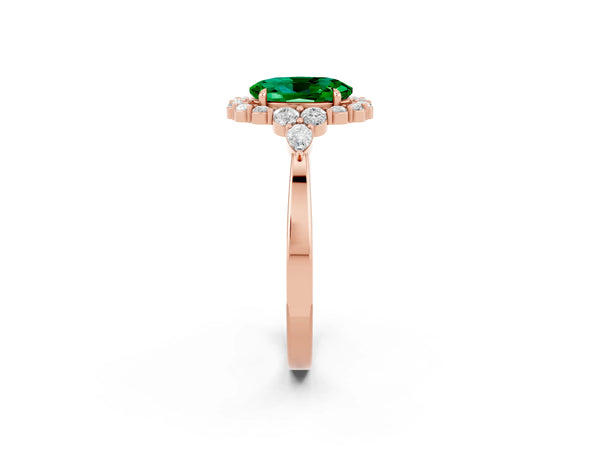 Rose gold Oval Cut Emerald Halo Ring with Pear Side Stones and Prong Setting
