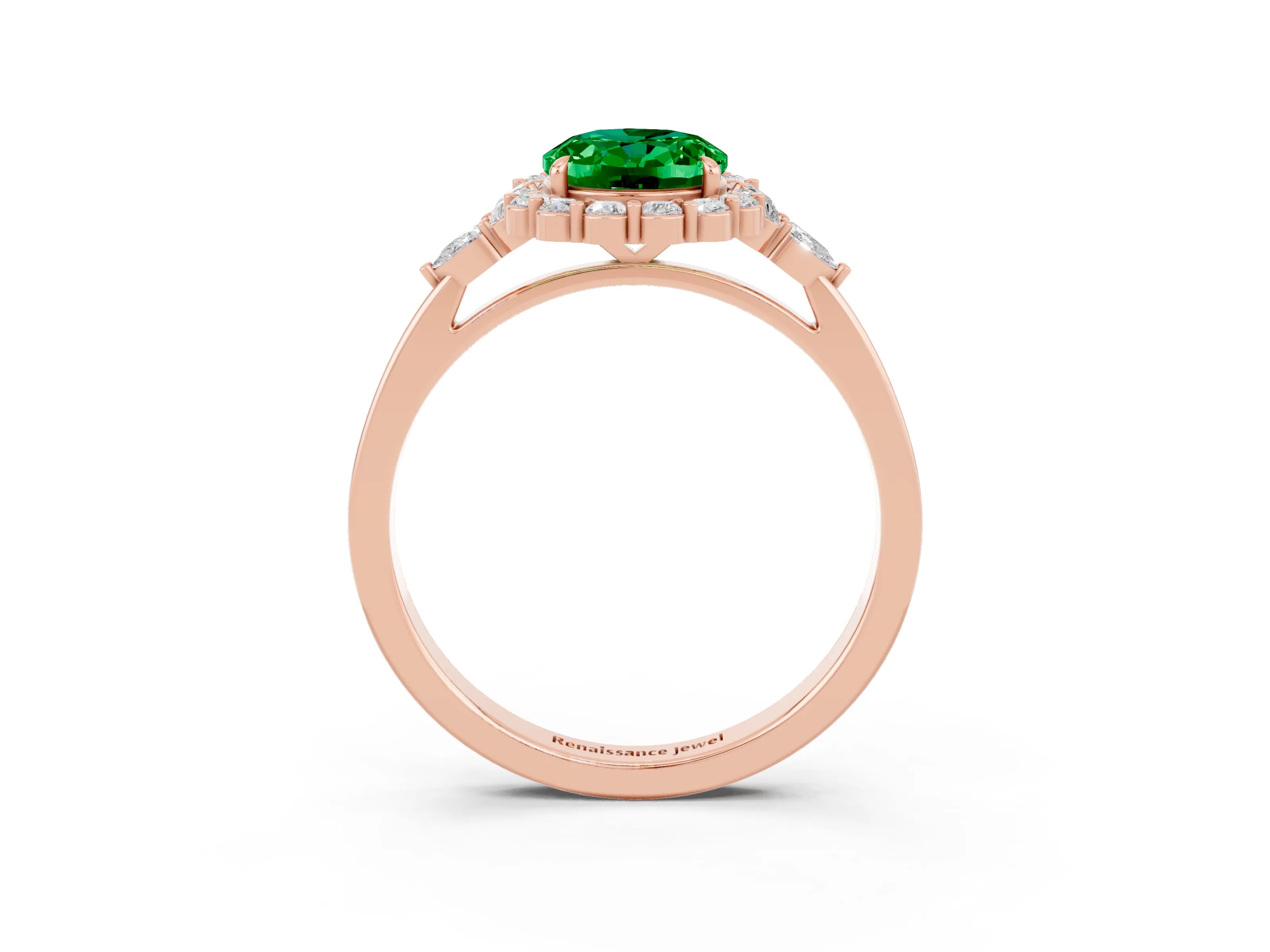 Rose gold Oval Cut Emerald Halo Ring with Pear Side Stones and Prong Setting_15