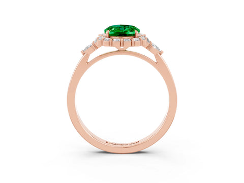 Rose gold Oval Cut Emerald Halo Ring with Pear Side Stones and Prong Setting_15
