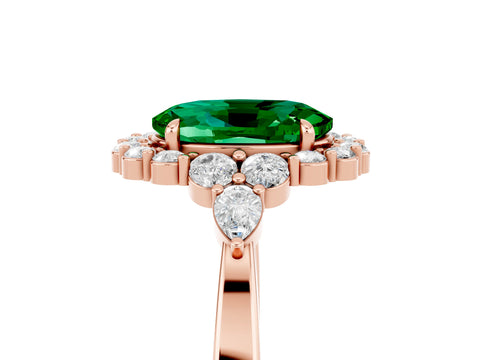 Rose gold Oval Cut Emerald Halo Ring with Pear Side Stones and Prong Setting_17