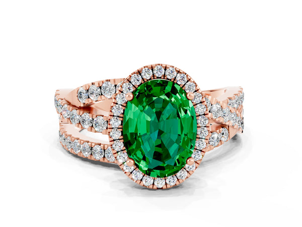 Rose gold Oval Cut Emerald Halo Ring with Round Split Shank and Prong Setting