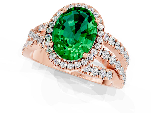 Rose gold Oval Cut Emerald Halo Ring with Round Split Shank and Prong Setting