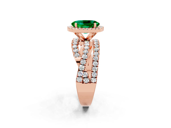 Rose gold Oval Cut Emerald Halo Ring with Round Split Shank and Prong Setting