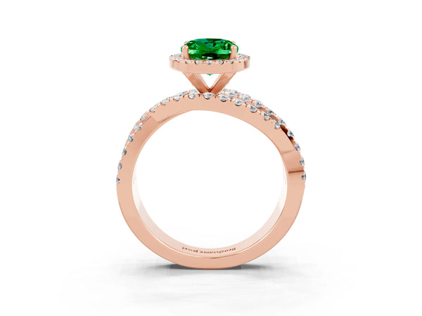 Rose gold Oval Cut Emerald Halo Ring with Round Split Shank and Prong Setting