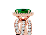 Rose gold Oval Cut Emerald Halo Ring with Round Split Shank and Prong Setting_53