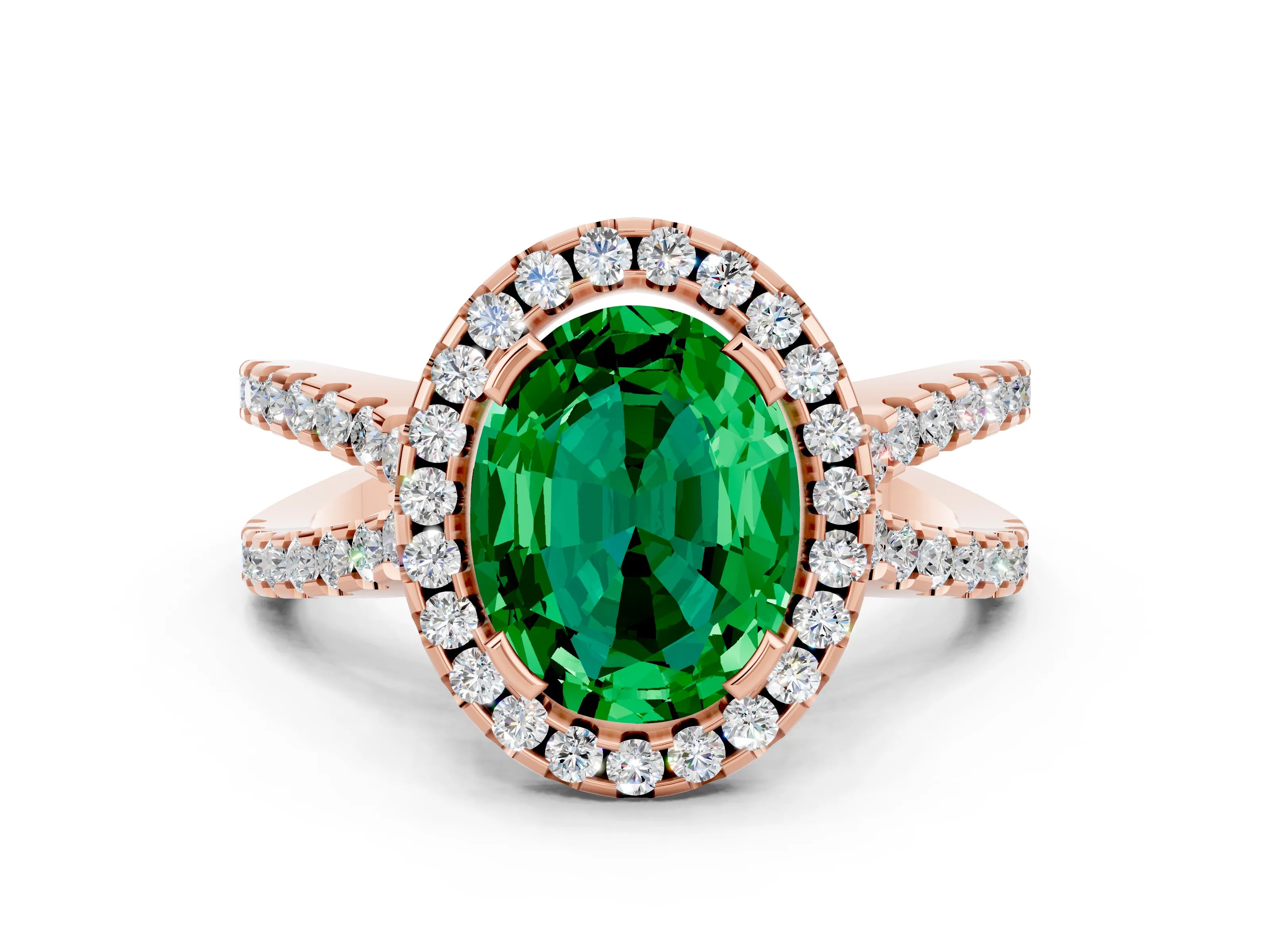 Rose gold Oval Cut Emerald Halo Ring with Split Shank Pavé Band and Prong Setting