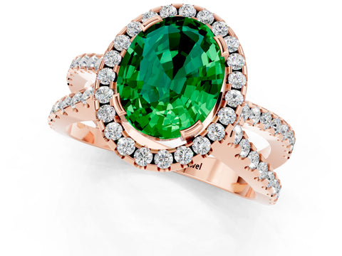 Rose gold Oval Cut Emerald Halo Ring with Split Shank Pavé Band and Prong Setting_1