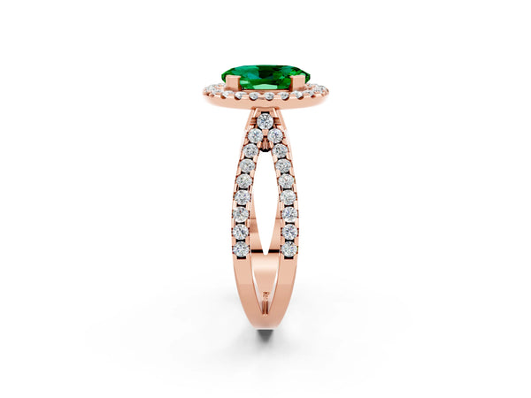 Rose gold Oval Cut Emerald Halo Ring with Split Shank Pavé Band and Prong Setting