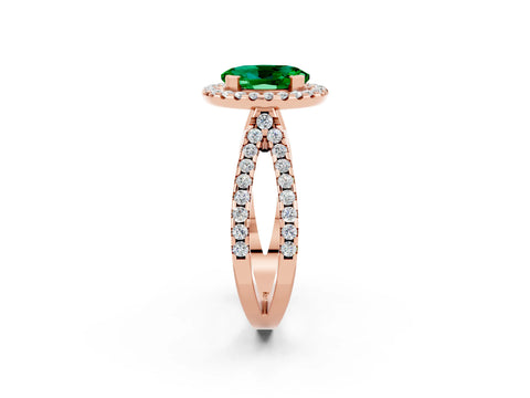 Rose gold Oval Cut Emerald Halo Ring with Split Shank Pavé Band and Prong Setting_2