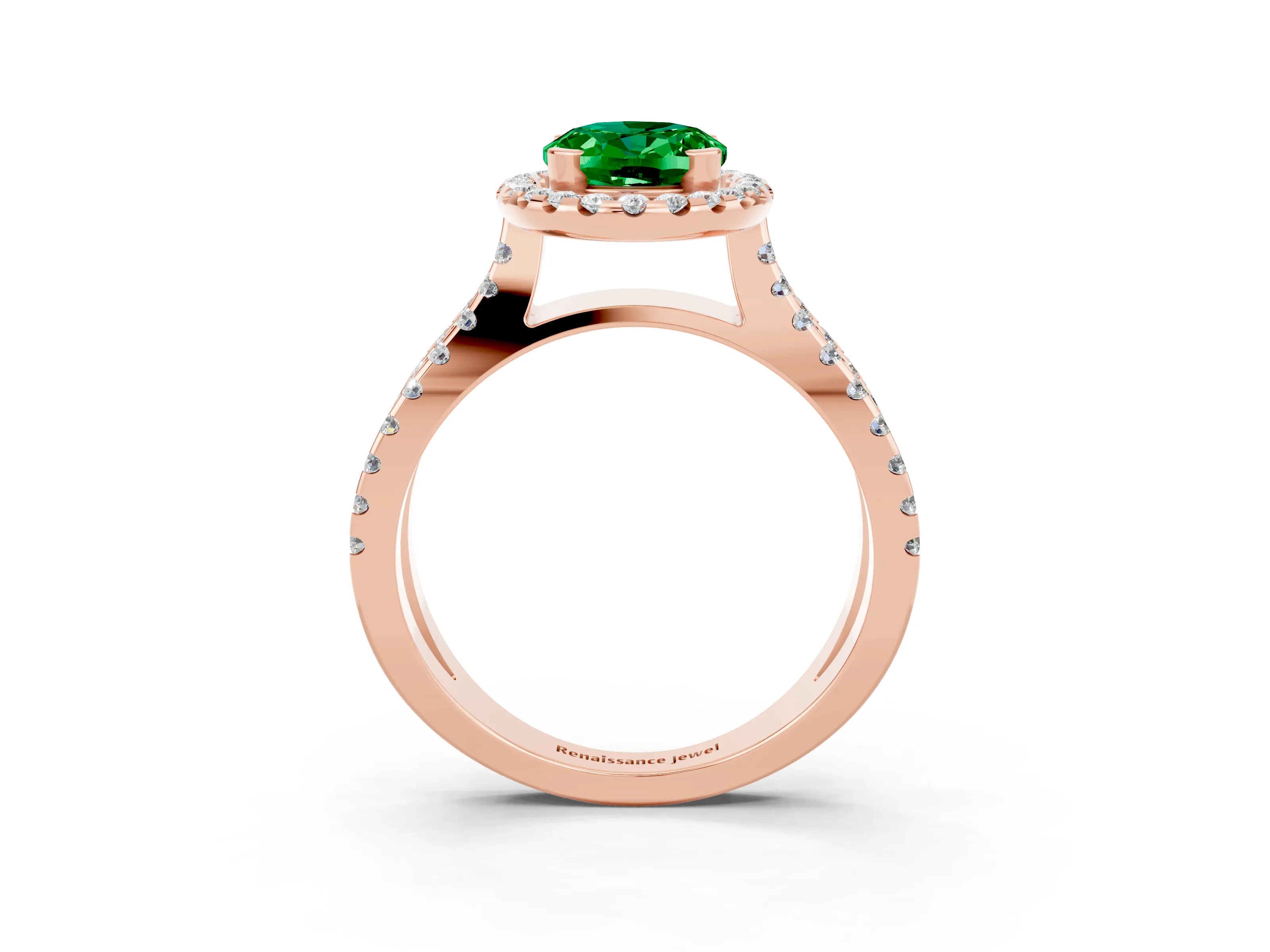 Rose gold Oval Cut Emerald Halo Ring with Split Shank Pavé Band and Prong Setting_3