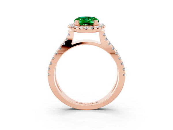 Rose gold Oval Cut Emerald Halo Ring with Split Shank Pavé Band and Prong Setting