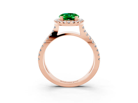 Rose gold Oval Cut Emerald Halo Ring with Split Shank Pavé Band and Prong Setting_3