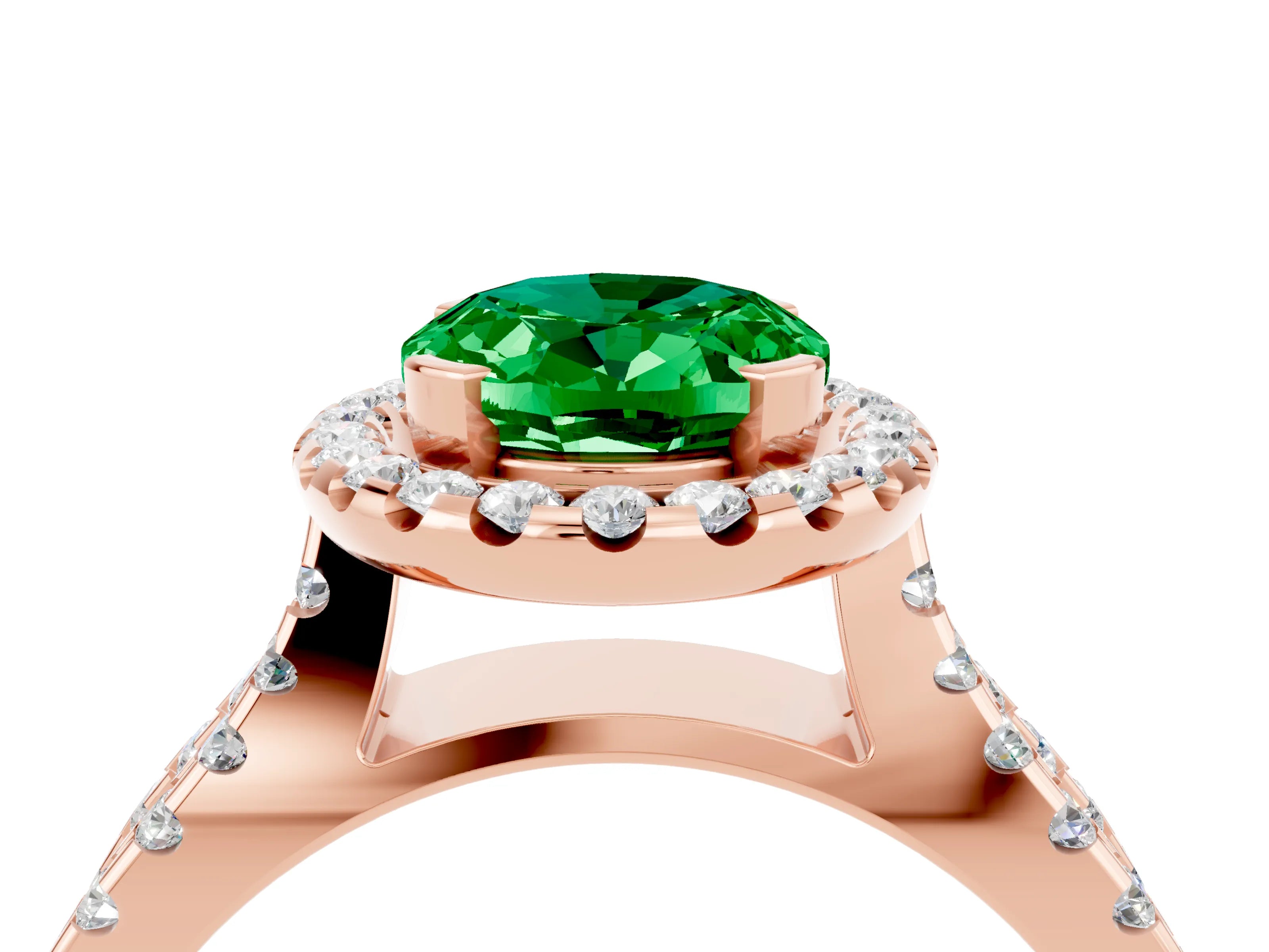 Rose gold Oval Cut Emerald Halo Ring with Split Shank Pavé Band and Prong Setting_4