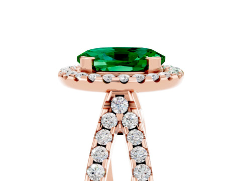 Rose gold Oval Cut Emerald Halo Ring with Split Shank Pavé Band and Prong Setting_5