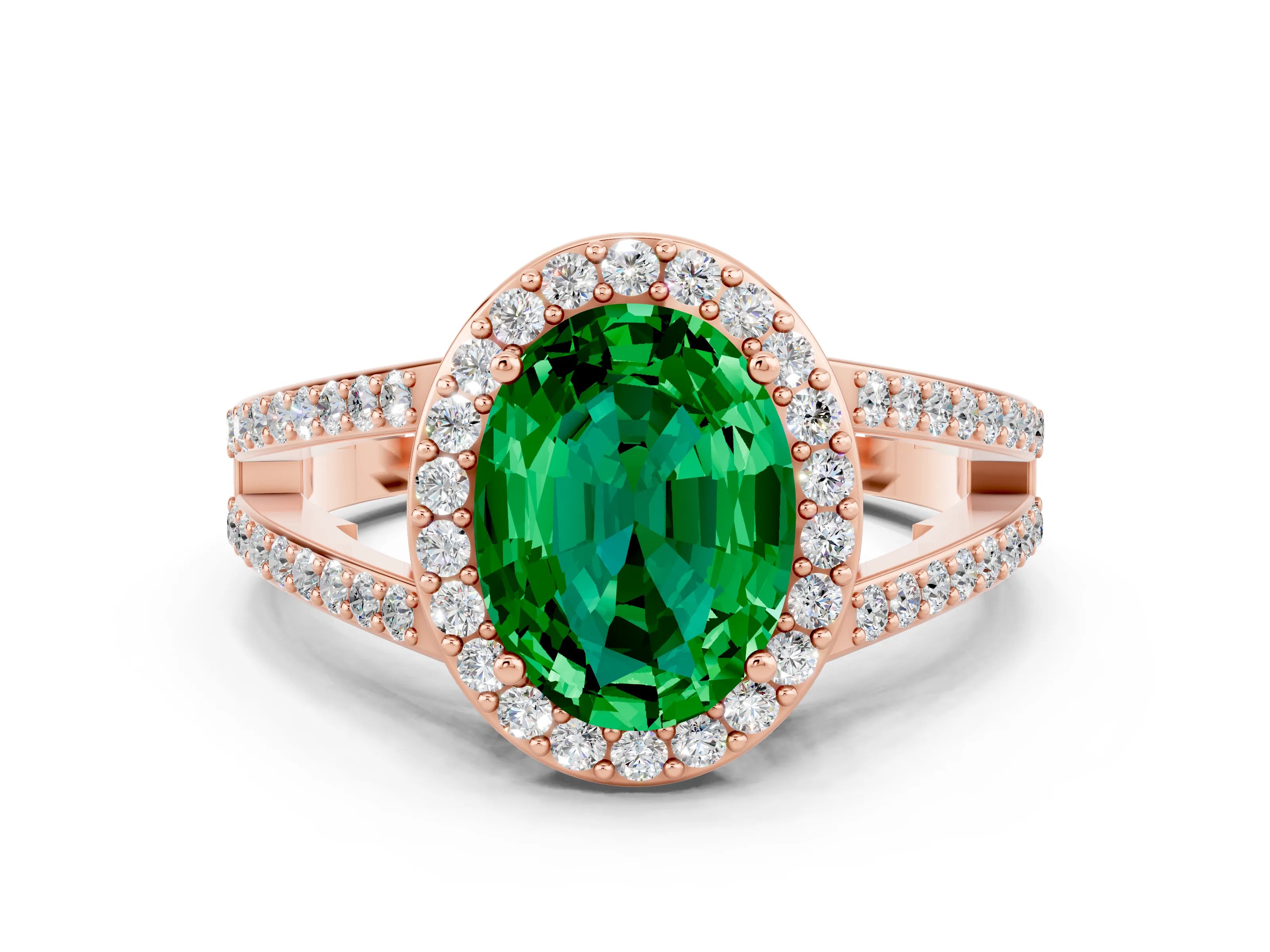 Rose gold Oval Cut Emerald Halo Ring with Split Shank U-Prong Band and Four-Prong Setting