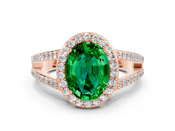 Rose gold Oval Cut Emerald Halo Ring with Split Shank U-Prong Band and Four-Prong Setting