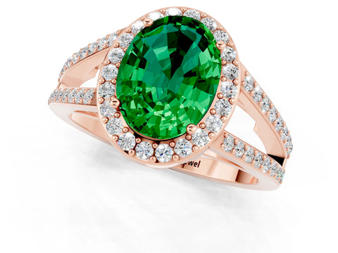 Rose gold Oval Cut Emerald Halo Ring with Split Shank U-Prong Band and Four-Prong Setting_1