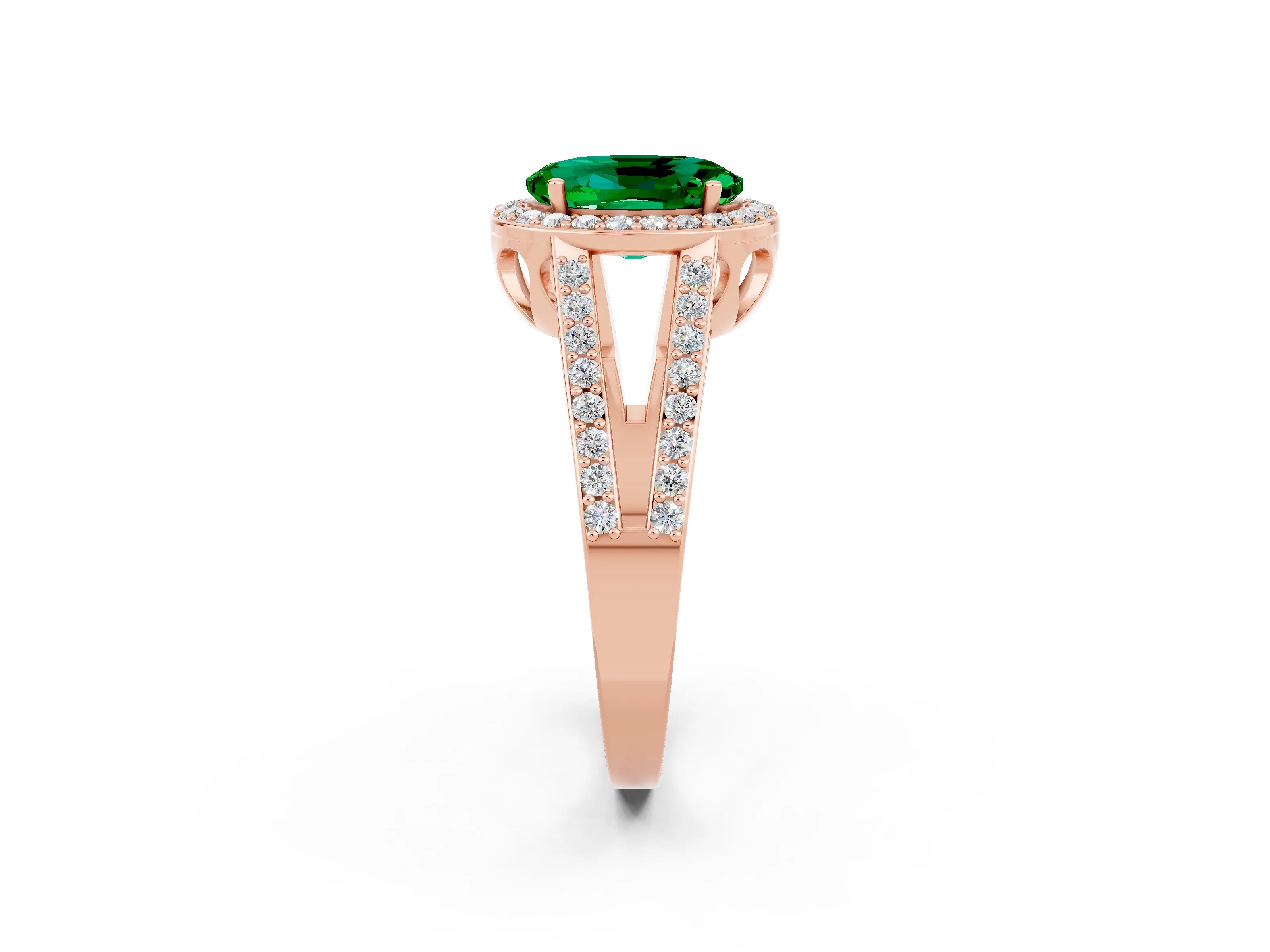 Rose gold Oval Cut Emerald Halo Ring with Split Shank U-Prong Band and Four-Prong Setting_2