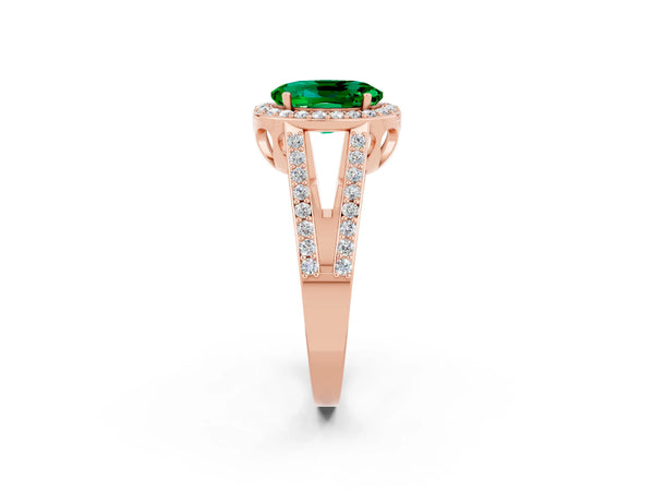 Rose gold Oval Cut Emerald Halo Ring with Split Shank U-Prong Band and Four-Prong Setting
