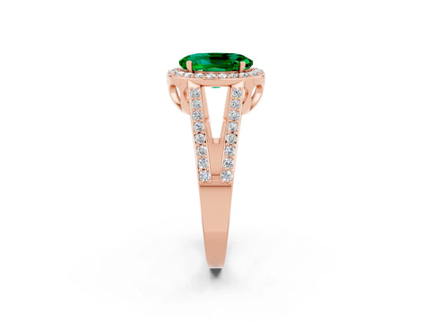 Rose gold Oval Cut Emerald Halo Ring with Split Shank U-Prong Band and Four-Prong Setting_2