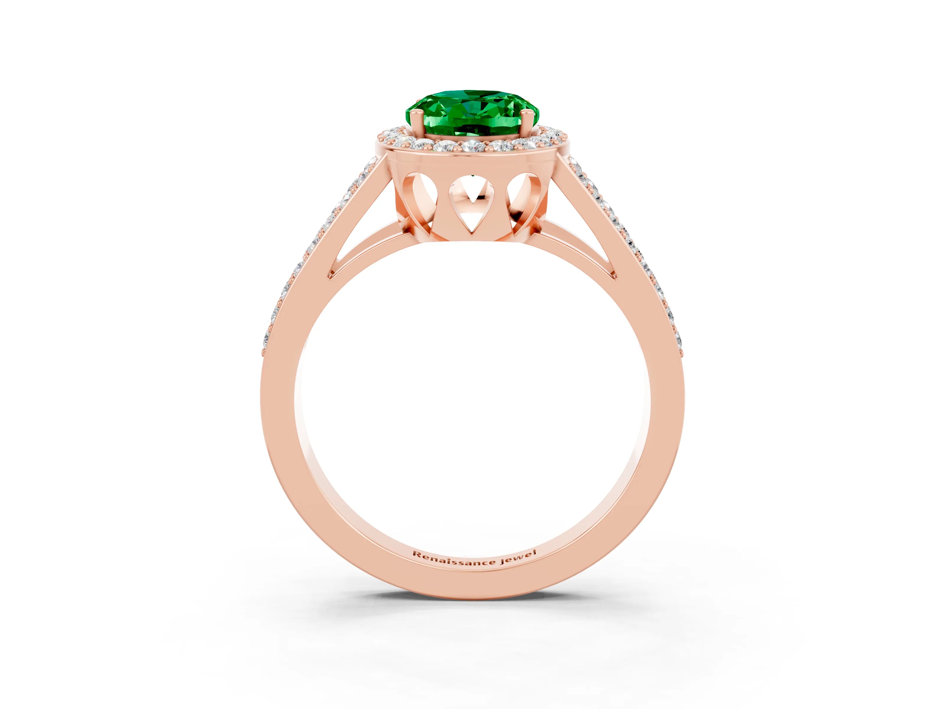 Rose gold Oval Cut Emerald Halo Ring with Split Shank U-Prong Band and Four-Prong Setting_3