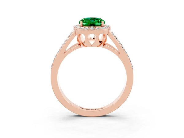 Rose gold Oval Cut Emerald Halo Ring with Split Shank U-Prong Band and Four-Prong Setting