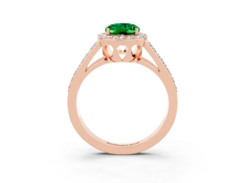 Rose gold Oval Cut Emerald Halo Ring with Split Shank U-Prong Band and Four-Prong Setting_3