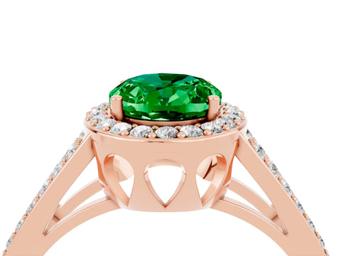 Rose gold Oval Cut Emerald Halo Ring with Split Shank U-Prong Band and Four-Prong Setting_4