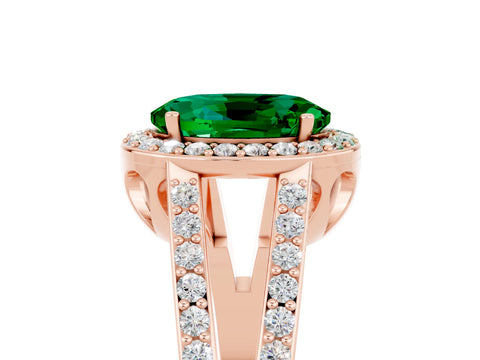 Rose gold Oval Cut Emerald Halo Ring with Split Shank U-Prong Band and Four-Prong Setting_5