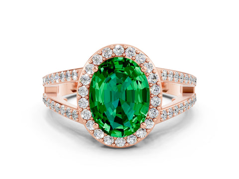 Rose gold Oval Cut Emerald Halo Ring with Split Shank U-Prong Band and Four-Prong Setting