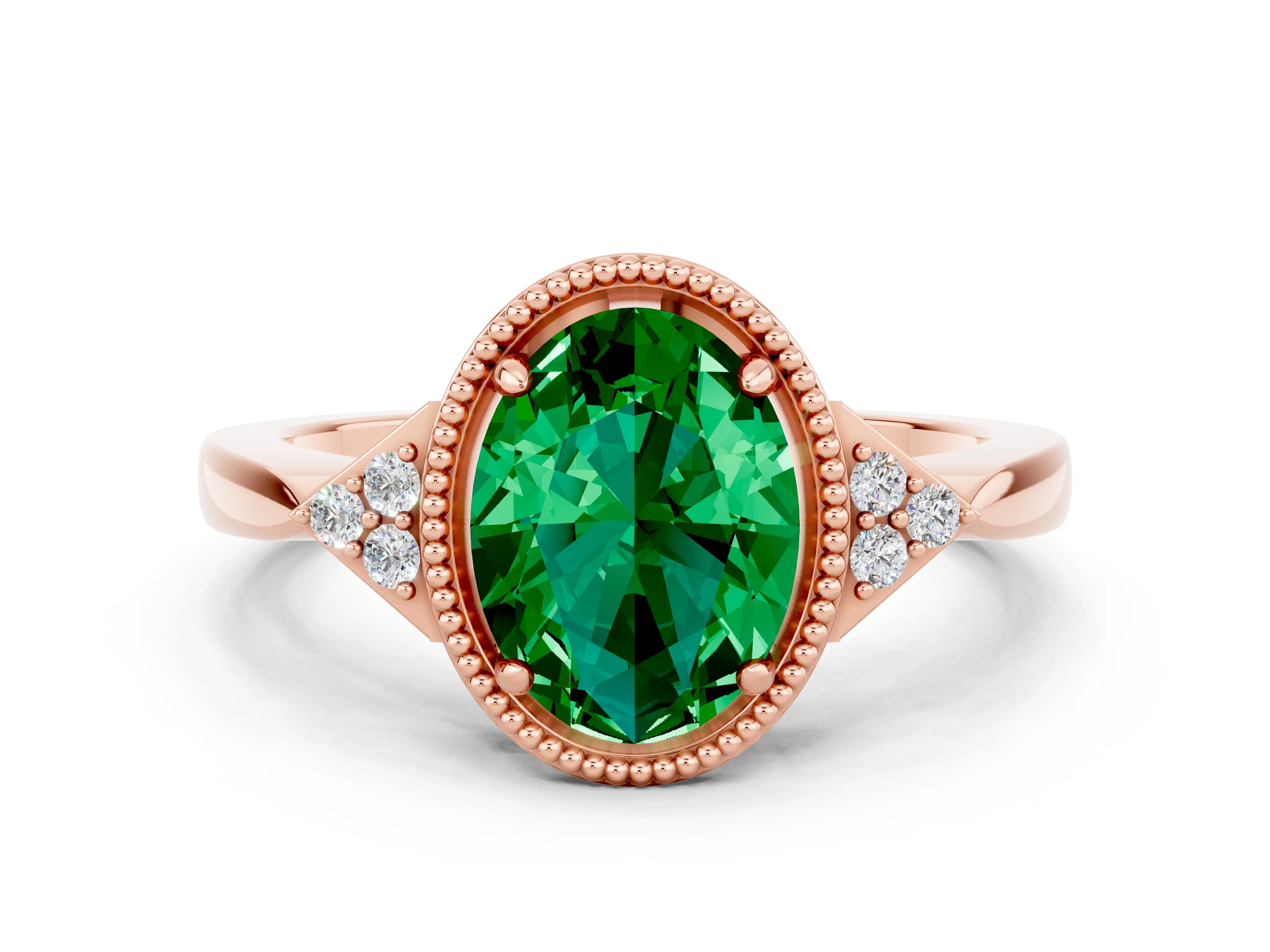 Rose gold Oval Cut Emerald Halo Ring with Tapered Band and Four-Prong Setting