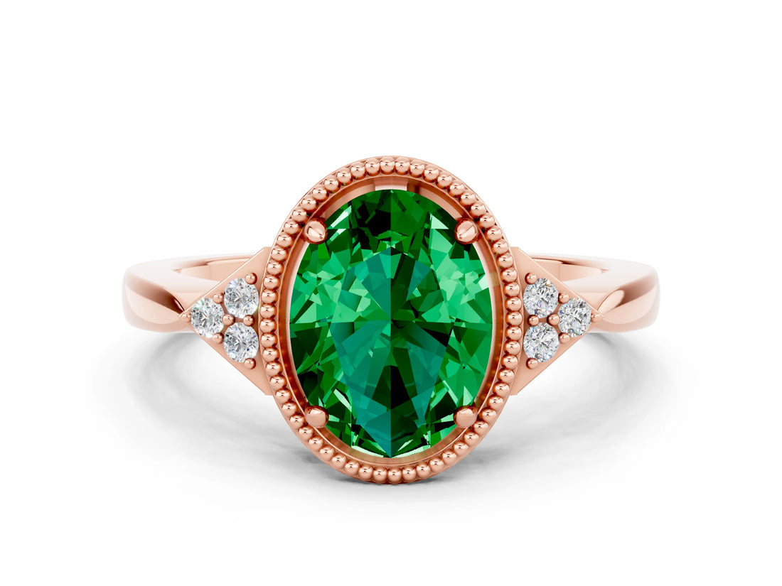 Rose gold Oval Cut Emerald Halo Ring with Tapered Band and Four-Prong Setting