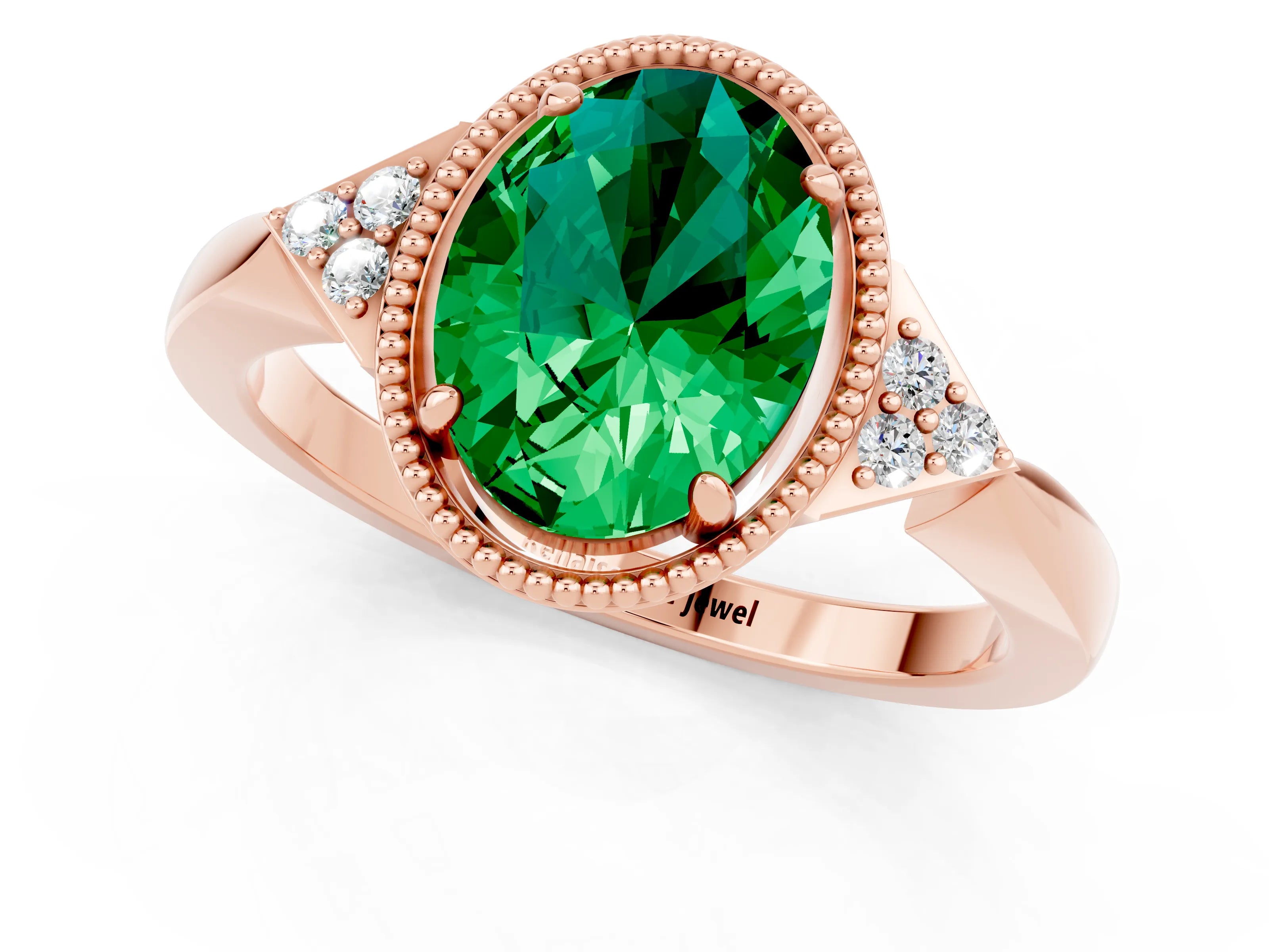 Rose gold Oval Cut Emerald Halo Ring with Tapered Band and Four-Prong Setting_1
