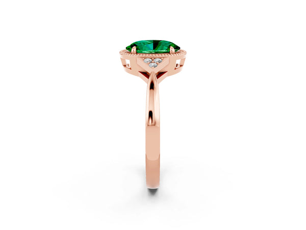 Rose gold Oval Cut Emerald Halo Ring with Tapered Band and Four-Prong Setting