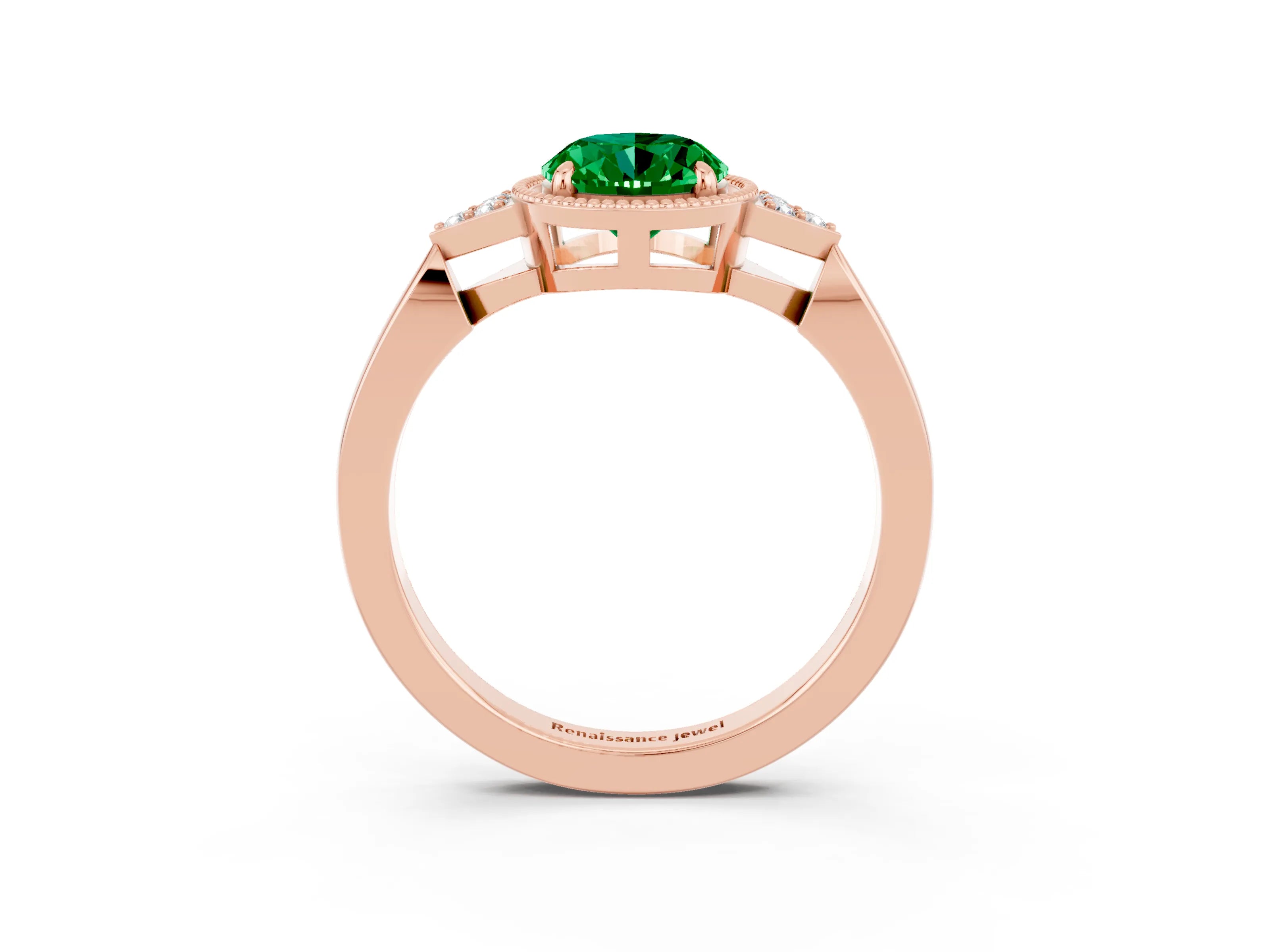 Rose gold Oval Cut Emerald Halo Ring with Tapered Band and Four-Prong Setting_3