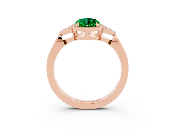 Rose gold Oval Cut Emerald Halo Ring with Tapered Band and Four-Prong Setting