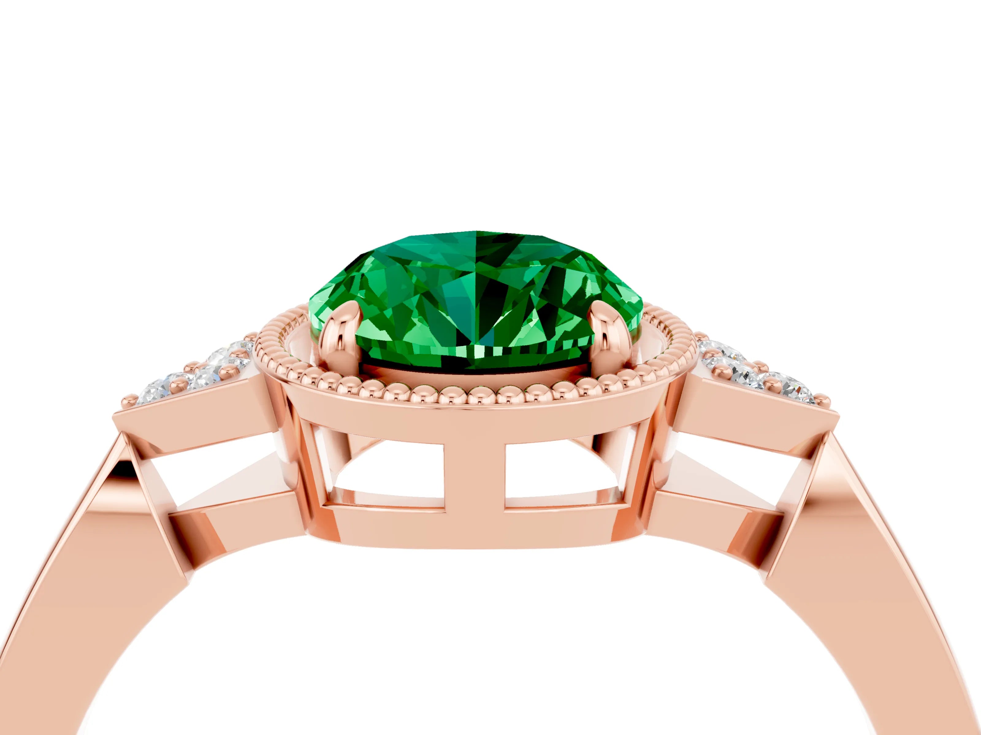 Rose gold Oval Cut Emerald Halo Ring with Tapered Band and Four-Prong Setting_4