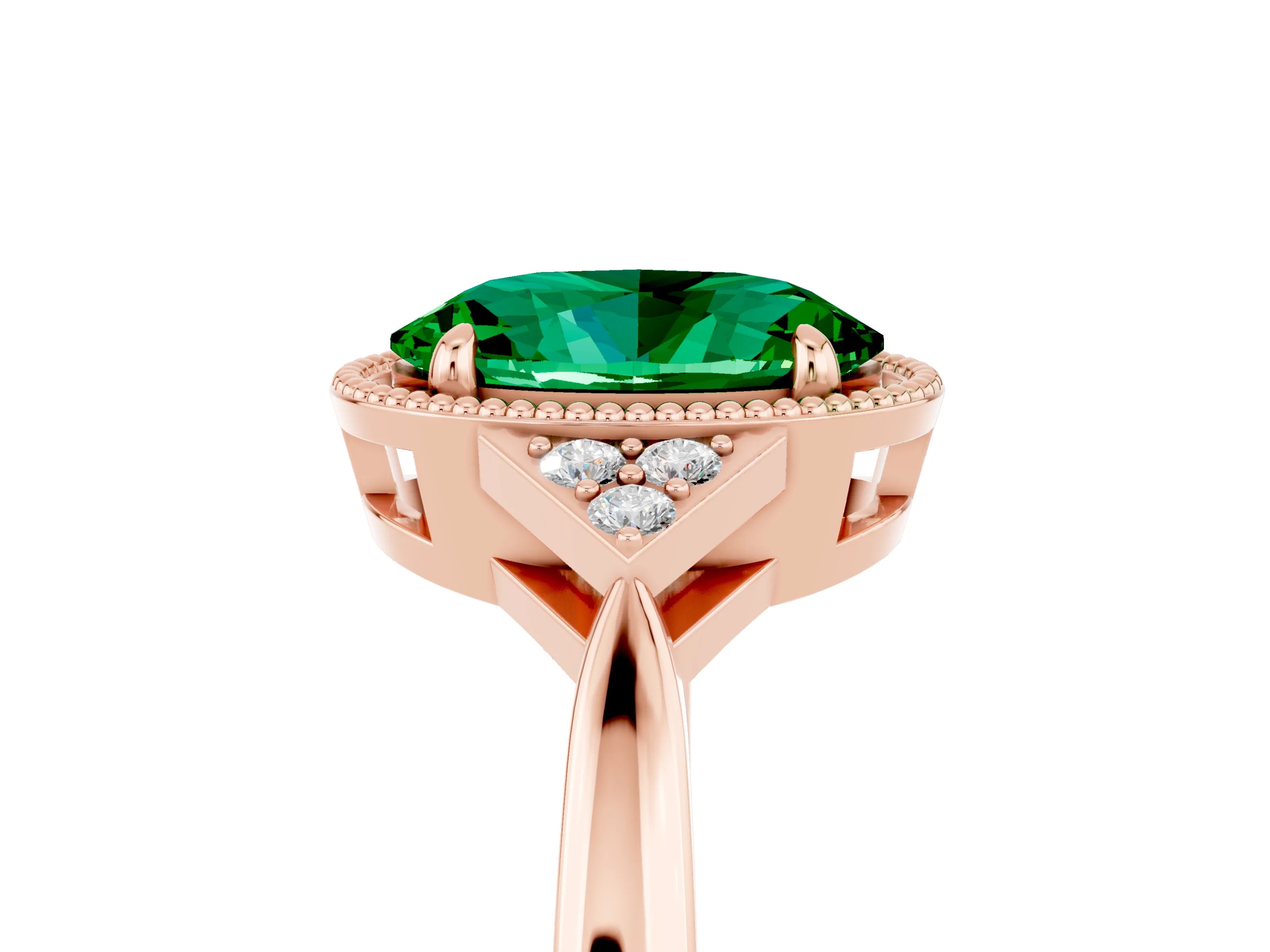 Rose gold Oval Cut Emerald Halo Ring with Tapered Band and Four-Prong Setting_5
