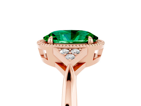Rose gold Oval Cut Emerald Halo Ring with Tapered Band and Four-Prong Setting_5