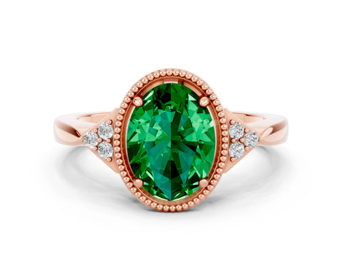 Rose gold Oval Cut Emerald Halo Ring with Tapered Band and Four-Prong Setting