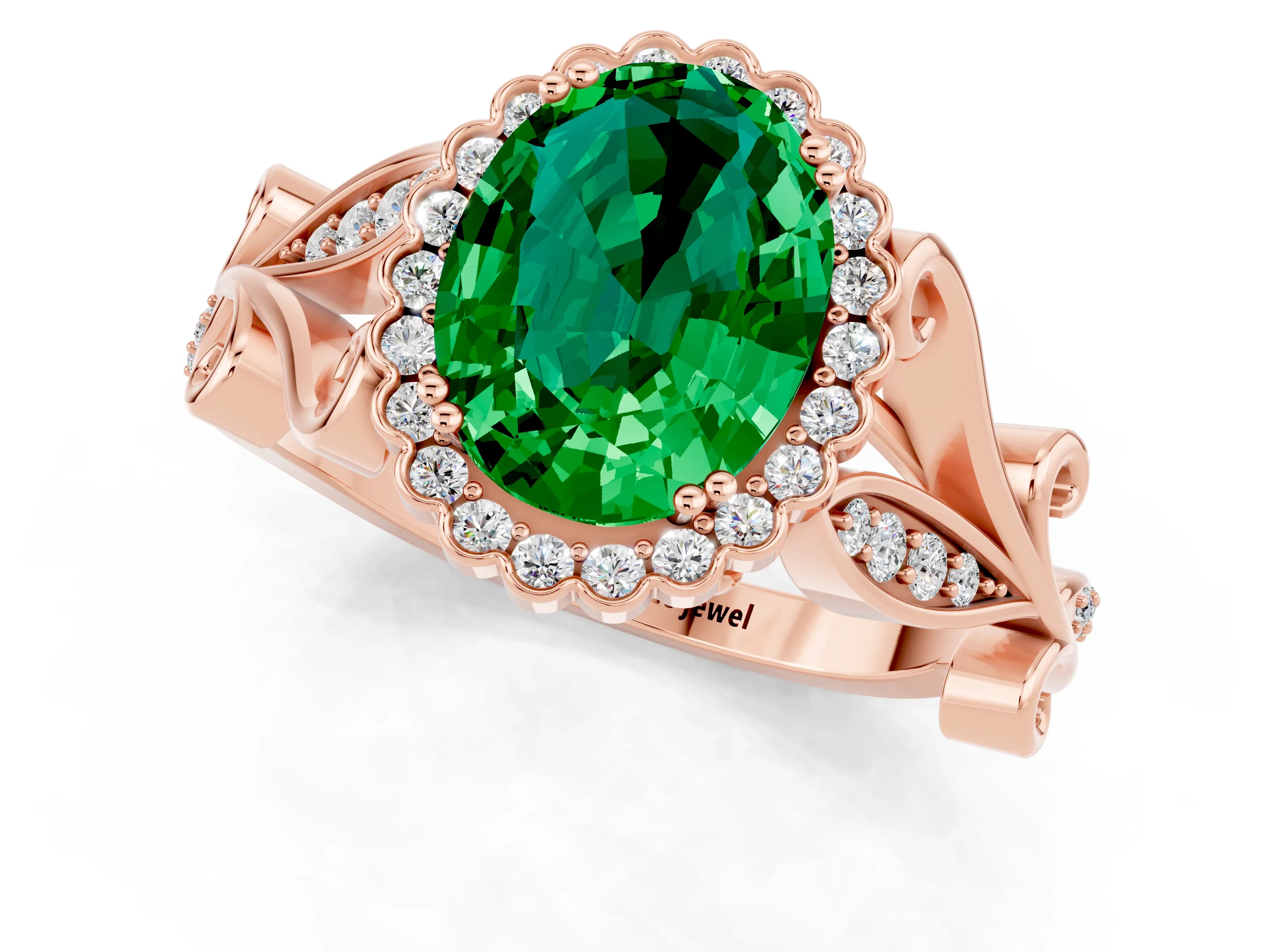 Rose gold Oval Cut Emerald Halo Ring with Vintage Split Shank and Four-Prong Setting_1