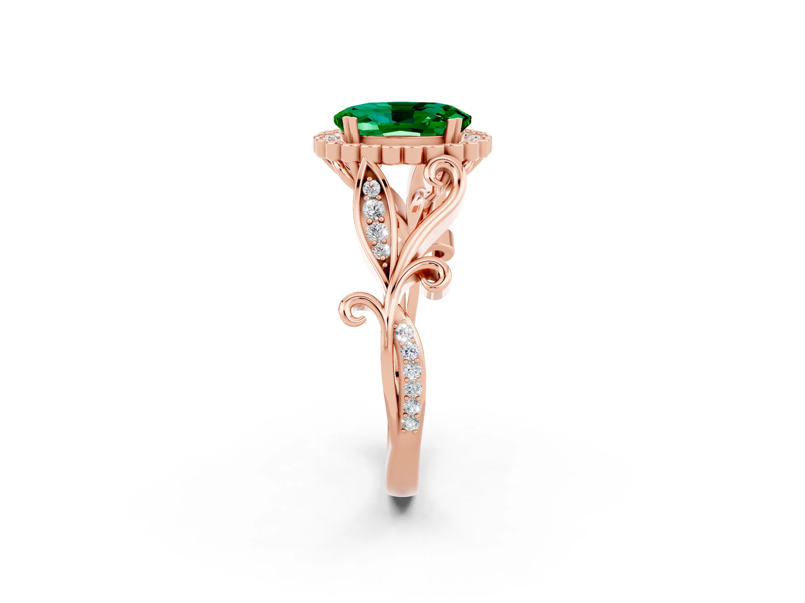Rose gold Oval Cut Emerald Halo Ring with Vintage Split Shank and Four-Prong Setting_2