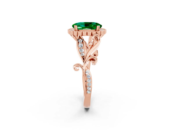 Rose gold Oval Cut Emerald Halo Ring with Vintage Split Shank and Four-Prong Setting