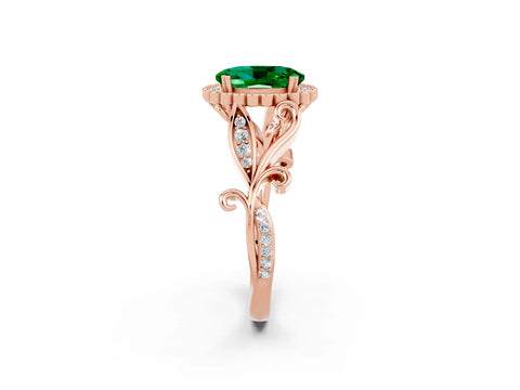 Rose gold Oval Cut Emerald Halo Ring with Vintage Split Shank and Four-Prong Setting_2