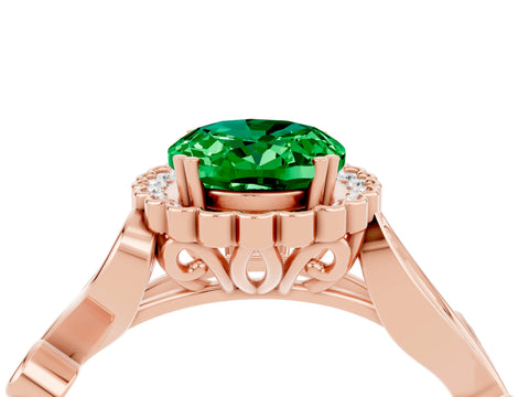 Rose gold Oval Cut Emerald Halo Ring with Vintage Split Shank and Four-Prong Setting_4
