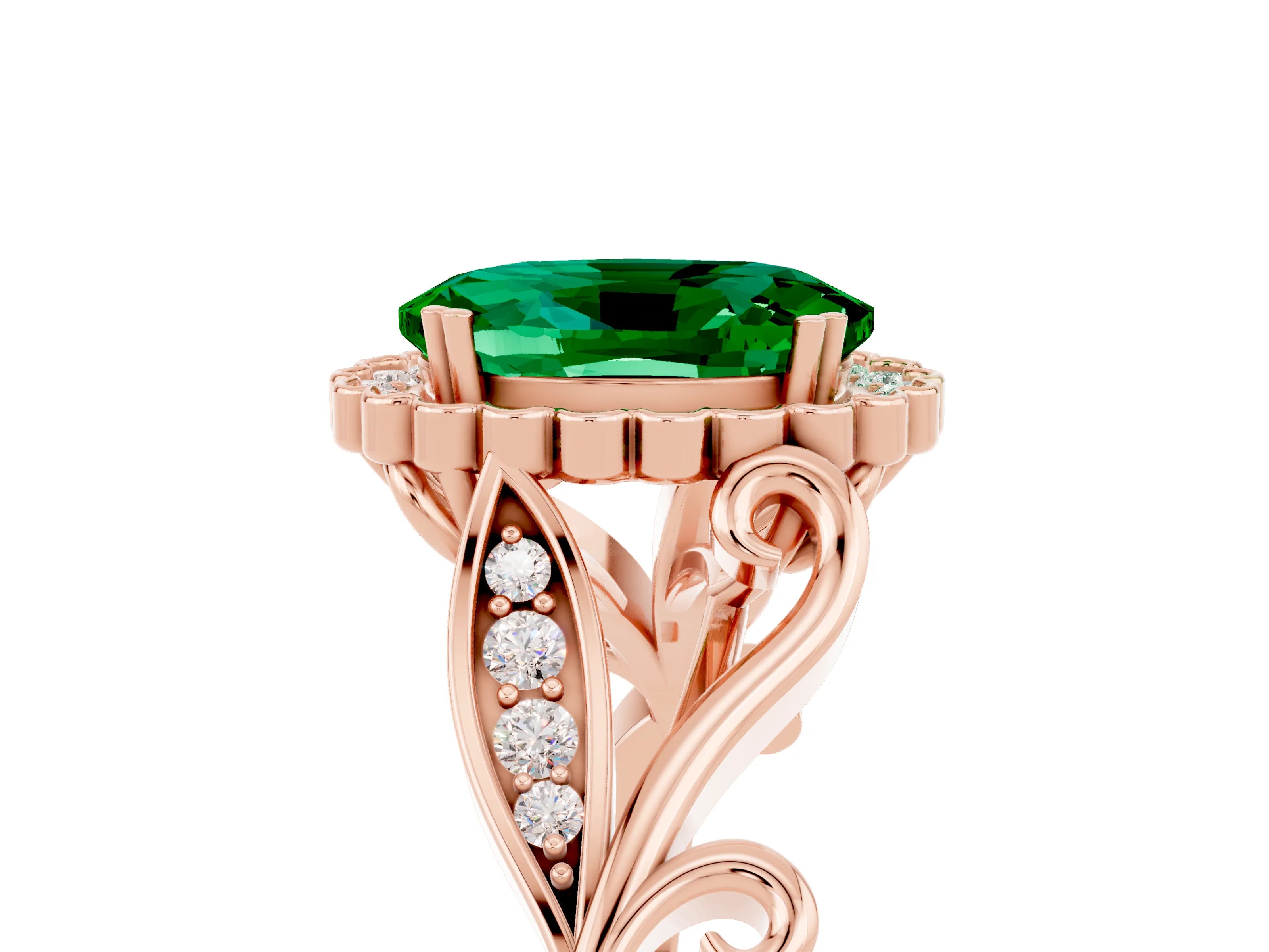 Rose gold Oval Cut Emerald Halo Ring with Vintage Split Shank and Four-Prong Setting_5